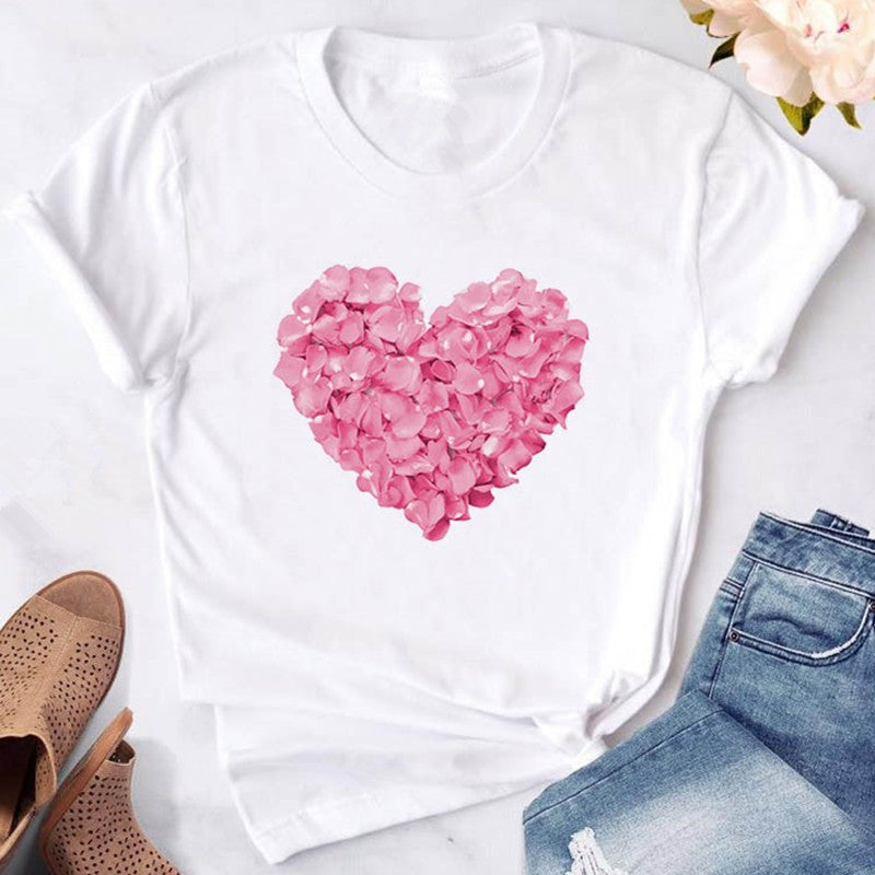 Pink heart-shaped flower print women's t-shirt casual funny t-shirt - Embrace Your Quirk