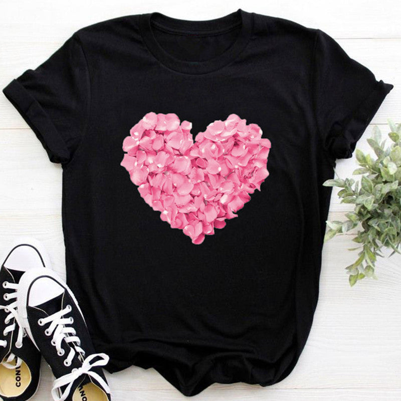 Pink heart-shaped flower print women's t-shirt casual funny t-shirt - Embrace Your Quirk