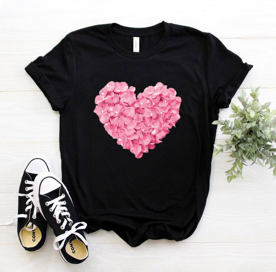 Pink heart-shaped flower print women's t-shirt casual funny t-shirt - Embrace Your Quirk